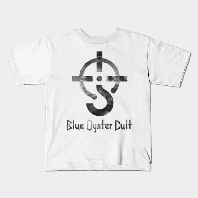 Blue oyster cult black and white with text Kids T-Shirt by perdewtwanaus